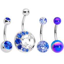 Load image into Gallery viewer, Blue Gem Variety Party Crescent Moon Star Belly Ring Set of 4
