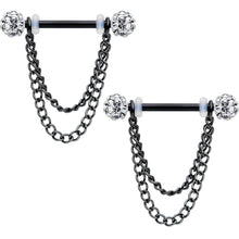 Load image into Gallery viewer, 14G Clear Gem End Black Chain Dangle Nipple Ring Set
