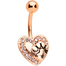 Load image into Gallery viewer, Clear Gem Rose Gold Tone Dog Paw Print Heart Puppy Love Belly Ring
