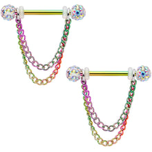 Load image into Gallery viewer, 14G Clear Gem End Rainbow Chain Dangle Nipple Ring Set
