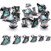 Load image into Gallery viewer, Green Gem Fleur De Lis Double Flare Plug Set Sizes 6mm to 16mm
