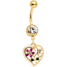 Load image into Gallery viewer, Clear Purple Gem Gold Tone Heart Spring Flower Dangle Belly Ring
