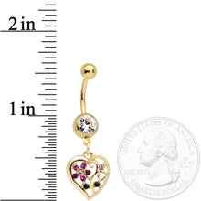 Load image into Gallery viewer, Clear Purple Gem Gold Tone Heart Spring Flower Dangle Belly Ring

