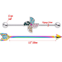 Load image into Gallery viewer, 14G Rainbow Gem Pinwheel and Arrow Industrial Barbell Set 38mm
