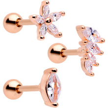 Load image into Gallery viewer, 16G 1/4 Clear CZ Gem Rose Gold Tone Geometric Tragus Set of 3
