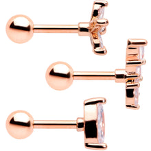 Load image into Gallery viewer, 16G 1/4 Clear CZ Gem Rose Gold Tone Geometric Tragus Set of 3
