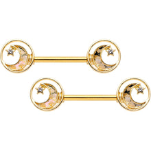 Load image into Gallery viewer, 14G 9/16 Clear Gem Orbit Loop Crescent Moon Star Nipple Ring Set
