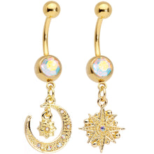 Load image into Gallery viewer, Aurora Gem Gold Tone Celestial Star Moon Dangle Belly Ring Set
