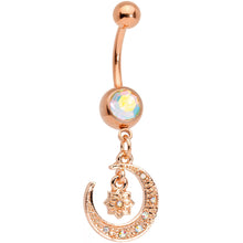 Load image into Gallery viewer, Aurora Gem Rose Gold Tone Celestial Star Moon Dangle Belly Ring Set
