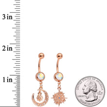 Load image into Gallery viewer, Aurora Gem Rose Gold Tone Celestial Star Moon Dangle Belly Ring Set
