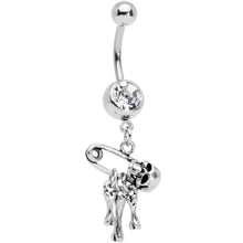 Load image into Gallery viewer, Clear Gem Skull Bones Safety Pin Halloween Dangle Belly Ring
