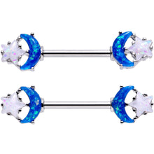 Load image into Gallery viewer, 14G 9/16 Blue White Faux Opal Starry Moon Barbell Nipple Ring Set
