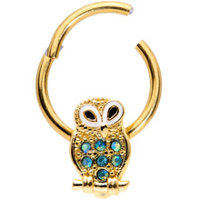 Load image into Gallery viewer, 16G 3/8 Aqua Gem Gold Tone Barn Owl Hinged Segment Ring
