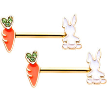 Load image into Gallery viewer, 14G 9/16 Green Gem Gold Tone Bunny Carrot Barbell Nipple Ring Set
