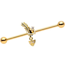 Load image into Gallery viewer, 14G Clear CZ Gem Gold Tone Open Heart Arrow Industrial Barbell
