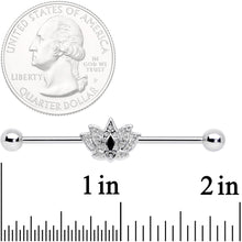 Load image into Gallery viewer, 14G Clear Black Gem Crown Lotus Flower Industrial Barbell 38mm

