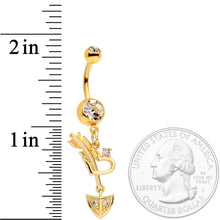 Load image into Gallery viewer, Clear CZ Gem Gold Tone Open Heart Arrow Dangle Belly Ring

