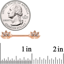 Load image into Gallery viewer, 14G 9/16 Clear Gem Rose Gold Tone Lotus Flower Barbell Nipple Ring Set
