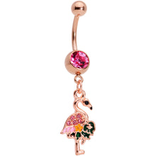 Load image into Gallery viewer, Pink Gem Rose Gold Tone Florida Pink Flamingo Bird Dangle Belly Ring
