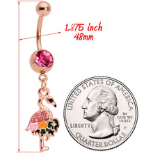 Load image into Gallery viewer, Pink Gem Rose Gold Tone Florida Pink Flamingo Bird Dangle Belly Ring
