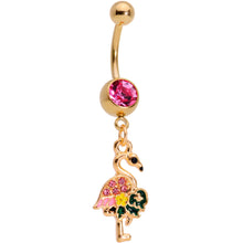Load image into Gallery viewer, Pink Gem Gold Tone Florida Pink Flamingo Bird Dangle Belly Ring
