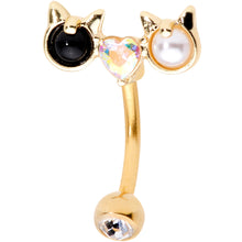 Load image into Gallery viewer, Clear Black CZ Gem Gold Tone Luv Kitty Cat Reversible Belly Ring
