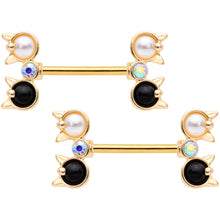 Load image into Gallery viewer, 14G Black White CZ Gem Gold Tone Kitty Cat Barbell Nipple Ring Set
