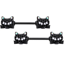 Load image into Gallery viewer, 14G 9/16 Black Aurora Gem Crafty Kitty Cat Barbell Nipple Ring Set
