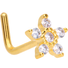 Load image into Gallery viewer, 18G 7mm Clear CZ Gem Gold Tone Tiny Flower L Shaped Nose Ring

