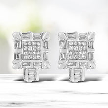 Load image into Gallery viewer, 14K White Gold 1.0 Cttw Princess and Baguette-Cut Diamond Square Framed Huggie Hoop Omega Earrings (H-I Color, SI1-SI2 Clarity)
