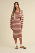 Load image into Gallery viewer, Stripe Crop Cardigan and Bodycon Dress Sweater Set – Two-Piece Knit Set, Striped Crop Cardigan Dress, Cozy Sweater Dress Set, Chic Layered Knit Outfit
