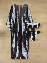 Load image into Gallery viewer, Horizon Haze 3-Piece Tie Dye Bandeau Bikini Set for Women – Strapless Tube Top with Long Sleeve Semi-Sheer Cover-Up Dress for Summer – Artistic Stripe Print Swimwear Ensemble for Bold Summer Fashion
