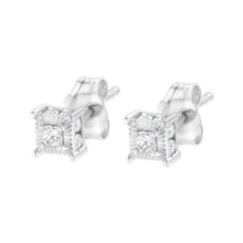Load image into Gallery viewer, .925 Sterling Silver 1/4 Cttw Miracle Set Princess-Cut Diamond Solitaire Stud Earrings with Hidden Halo (I-J Color, SI2-I1 Clarity)
