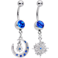 Load image into Gallery viewer, Blue Gem Compass Star Crescent Moon Dangle Belly Ring Set of 2

