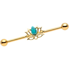 Load image into Gallery viewer, 14G Faux Turquoise Gold Tone Lotus Flower Industrial Barbell 38mm
