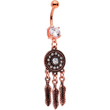 Load image into Gallery viewer, Clear Gem Rose Gold Tone Feather Mandala Dreamcatcher Belly Ring
