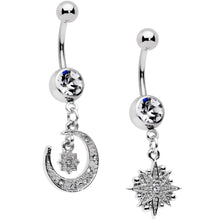 Load image into Gallery viewer, Clear Gem Starburst Crescent Moon Dangle Belly Ring Set of 2
