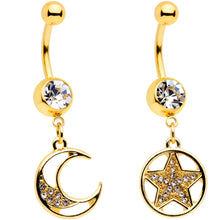 Load image into Gallery viewer, Clear Gem Gold Tone Moon Star Magic Dangle Belly Ring Set of 2
