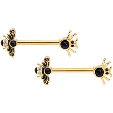 Load image into Gallery viewer, 14G 9/16 Black Gem Gold Tone Bee Spider Barbell Nipple Ring Set
