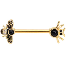 Load image into Gallery viewer, 14G 9/16 Black Gem Gold Tone Bee Spider Barbell Nipple Ring Set
