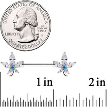 Load image into Gallery viewer, 14G 9/16 Clear Blue CZ Gem Marijuana Leaf Barbell Nipple Ring Set
