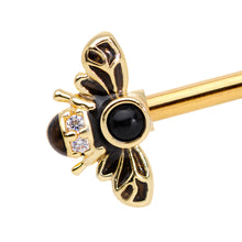 Load image into Gallery viewer, 14G Clear Black Gem Gold Tone Bug Out Bee Insect Industrial Barbell 38mm
