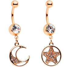 Load image into Gallery viewer, Clear Gem Rose Gold Tone Magic Moon Star Dangle Belly Ring Set of 2
