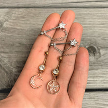 Load image into Gallery viewer, Clear Gem Rose Gold Tone Magic Moon Star Dangle Belly Ring Set of 2

