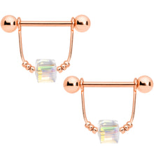 Load image into Gallery viewer, 14G 5/8 Clear Gem Rose Gold Tone Cube Dangle Nipple Ring Set
