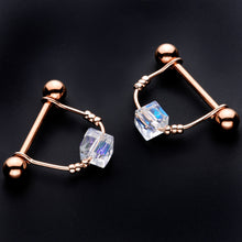 Load image into Gallery viewer, 14G 5/8 Clear Gem Rose Gold Tone Cube Dangle Nipple Ring Set
