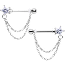 Load image into Gallery viewer, 14G 5/8 Clear CZ Star Gem Chain Dangle Nipple Ring Set
