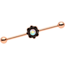 Load image into Gallery viewer, 14G Aurora Gem Rose Gold Tone Flower Industrial Barbell 38mm
