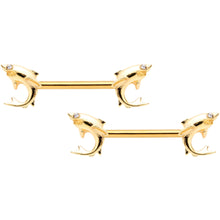 Load image into Gallery viewer, 14G 9/16 Clear Gem Gold Tone Toothy Shark Barbell Nipple Ring Set
