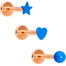Load image into Gallery viewer, 16G 5/16 Rose Gold Tone Blue Glow Star Heart Labret Set of 3
